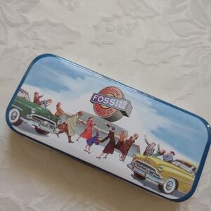 Vintage Fossil Tin Box Crowd Retro Cars People Painted